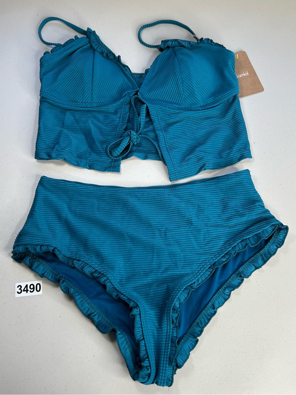 Samiol Blue Ribbed Ruffle High-Waisted Bikini Tankini Set Spaghetti Strap Size L